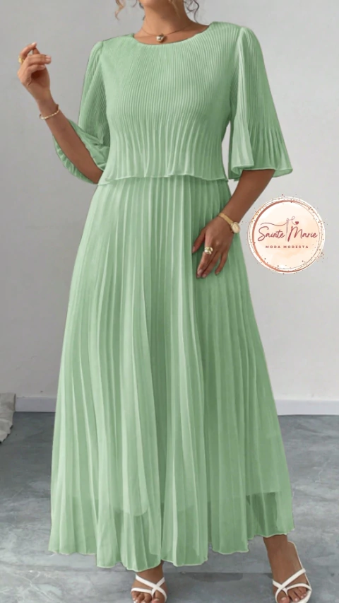 Vestido Plissado de Chiffon Plus Size – Elegância com Modéstia - loja online