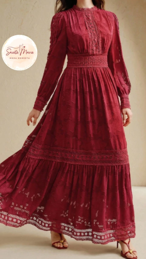 Vestido Longo de Renda com Contraste - Festas