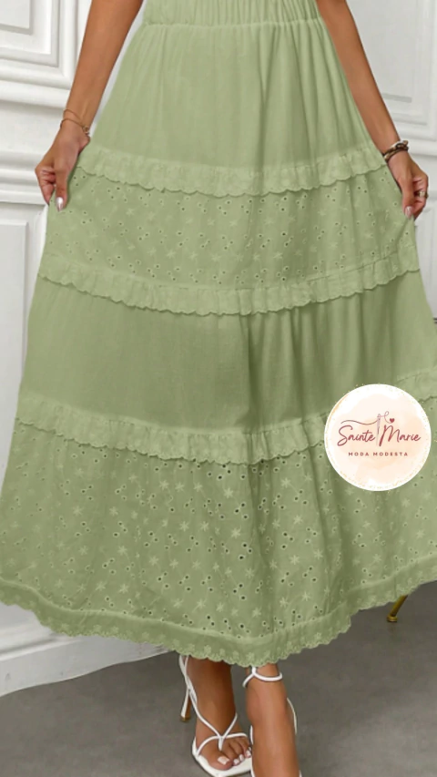 Saia Longa Laise com Detalhes de Gripir em Algodão - Sainte Marie Moda Modesta