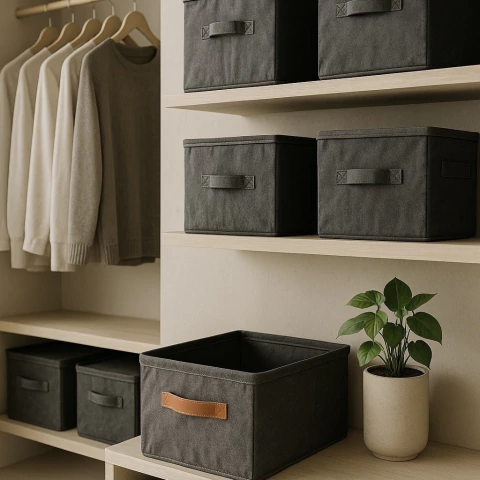 Organizador de tela simil jean con tapa y cierre