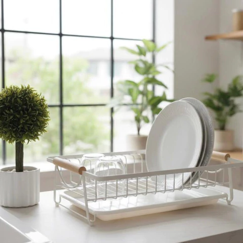 Escurridor de vajilla de metal con manija de bamboo - comprar online