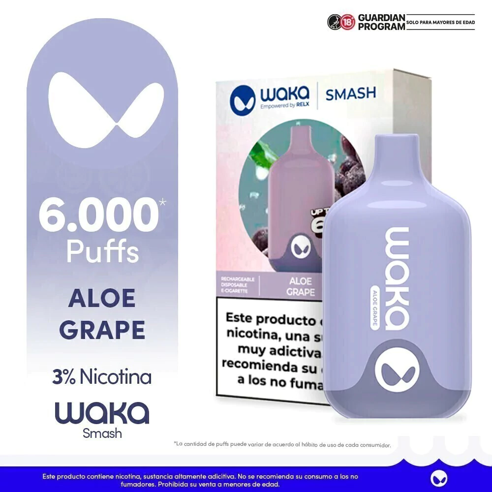 Disposable Vape Waka International Official Vape Waka Aloe Grape 6000 Puffs  3 Nicotine Percentage