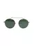 Óculos de sol redondos pretos com detalhes dourados e lentes verdes.