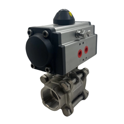 Válvula Esfera Tripartida Rosca 1" em Inox 316 Com Atuador Pneumático