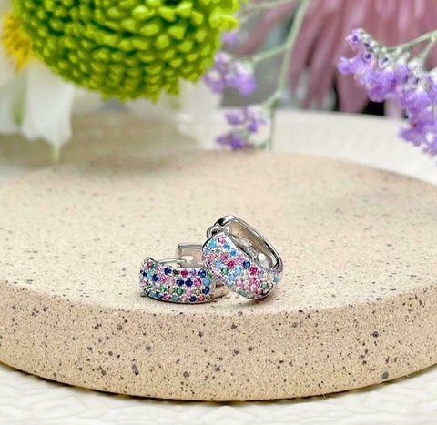 Brinco prata 925 zirconia colorida argola cheia