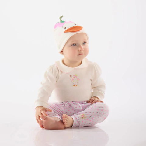 Conjunto de body, calça e gorro em suedine patinhos e flores Up Baby