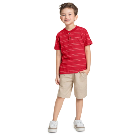 Conjunto camiseta listrada vermelha e bermuda cru Quimby