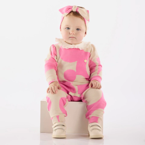 Macacão em molecotton com faixa rosa bolas Up Baby