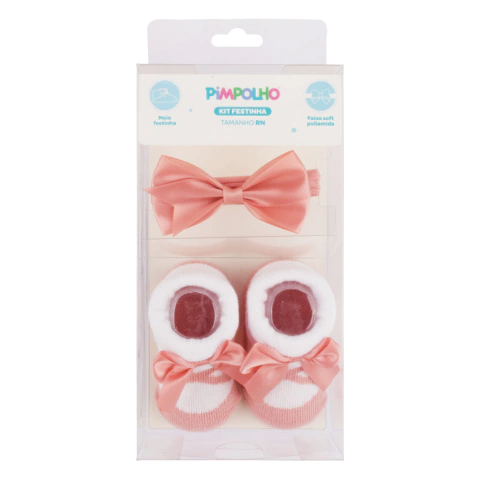 Kit meia festinha com faixa de cabelo branco e rosa Pimpolho