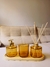 Kit 4 Peças Lavabo: Bandeja Decorativa de Madeira, Porta Sabonete Liquido, Difusor de Ambientes e Copo Cor Âmbar