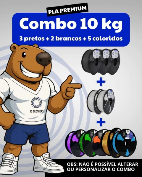 COMBO FILAMENTO PLA PREMIUM - 10KG (3 PRETO + 2 BRANCO + 5 COLORIDOS) -B