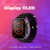 Reloj inteligente T800 Ultra con pantalla OLED y correa negra, mostrando información en su interfaz.