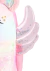 Detalhe de uma mochila rosa com asas transparentes decoradas com estrelas coloridas.