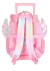Mochila rosa com rodinhas e alças, decorada com asas brilhantes, vista de trás.