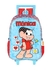 Moeda de mochila infantil com a personagem Mônica, em fundo azul e detalhes coloridos.