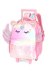 Mochila rosa com detalhes de unicórnio, incluindo orelhas, chifre e asas transparentes brilhantes.