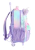 Moeda de mochila de rodinhas em tons de roxo e rosa com detalhes de unicórnio.