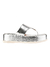 Chinelo feminino flat papete prateado com sola branca.