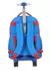 Mochila com rodinhas nas cores azul e vermelho, vista de trás, com alças e puxador