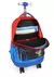 Mochila com rodinhas nas cores vermelha e azul, com o interior visível e várias divisórias para armazenamento.