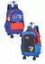 Mochila com rodinhas do Super Mario, mostrando dois designs: um azul com personagens e um preto com estampas do Mario e Yoshi.