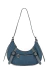 Bolsa meia lua jeans na cor azul, com alça e detalhes em material sintético, apresentando um bolso frontal com zíper.