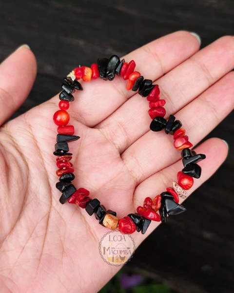 Pulseira de Cristal Natural - Obsidiana Negra e Coral