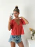 Blusa lino spandex espalda abierta con volado y lazo Camerun