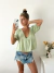 Blusa lino spandex espalda abierta con volado y lazo Camerun