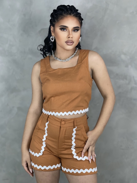 Conjunto Short e Cropped Importado Linho Tendência Trendy Duo