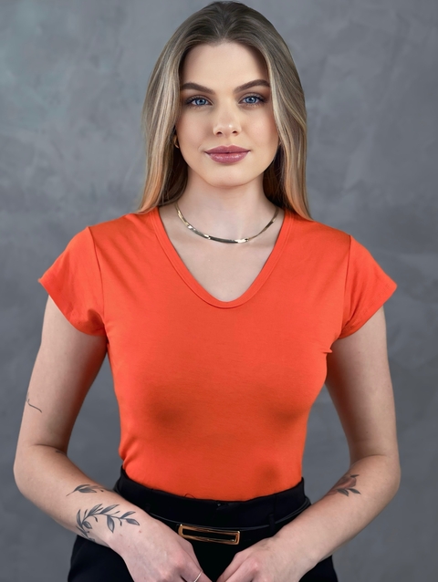 Blusa Feminina Basica baby look - COR LARANJA - P ao GG veste N50 Plus Size Manga Curta gola V camiseta Viscolaycra