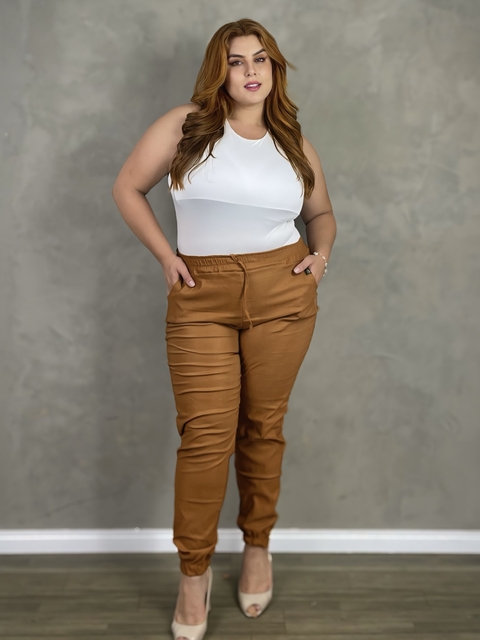 Calça Jogger Feminina P ao GG - COR CARAMELO- Bengaline Cintura Alta Básica Com Bolso Amarração EM OFERTA