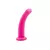 Dildo de silicona de color rosa, con forma curva y base ancha.