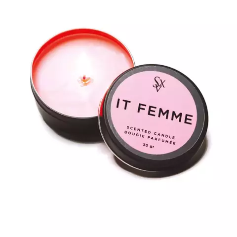 Sexitive Massage Candle It Femme 30ml con recipiente metalico color negro cn etiqueta en color rosa