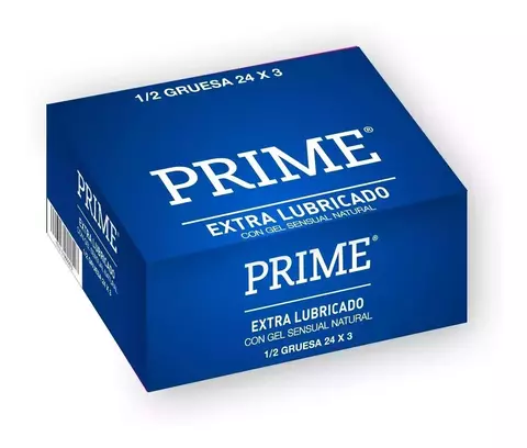 Caja de preservativos Prime extra lubricados con gel sensual natural, contiene 36 unidades.
