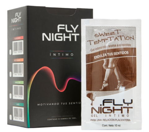Packaging del lubricante saborizado Fly Night Chocolate de 10ml, mostrando el producto y su caja.
