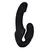 Dildo strap-on de silicona negra, diseño ergonómico con forma curva y base de sujeción.