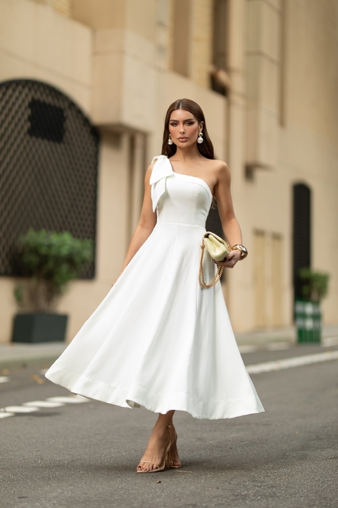 Vestido Clássico Com Decote Assimétrico Off-White Aliança Branco-2892