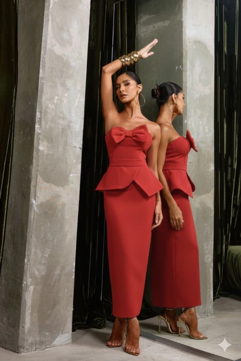 Vestido Midi Alfaiataria Top Peplum Com laço - comprar online