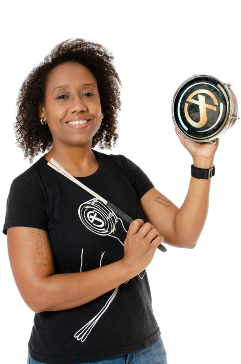 Tamborim Thalita Santos Aço Inox Escovado Pele Personalizada Preta