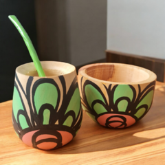 Combo Cuenco de Madera y Mate Pintados a Mano + Bombilla de Regalo