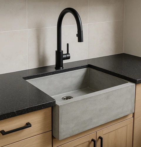 Cuba de cozinha em concreto artesanal cinza com torneira preta de design moderno instalada em bancada preta com armários de madeira clara