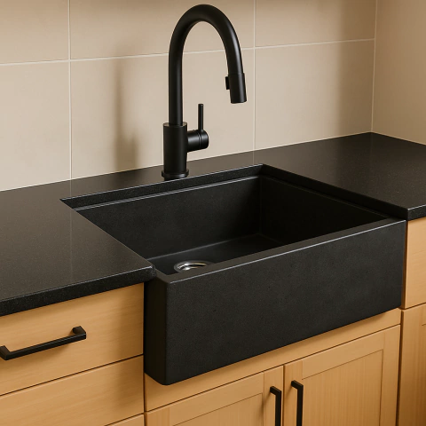 Cuba de cozinha Fazenda Farm em concreto artesanal preto instalada em bancada com torneira preta e armários de madeira clara