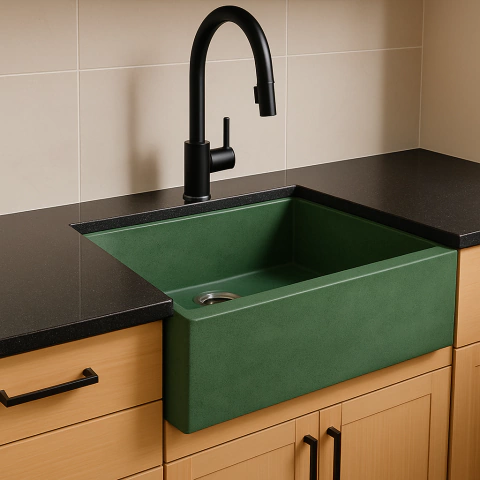 Cuba de cozinha verde modelo Farm ZH2000 instalada em bancada de madeira com torneira preta