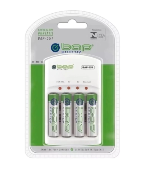 CARREGADOR BIV AUTO STOP C/ 4 PILHAS - AA / AAA 2 DE 9V