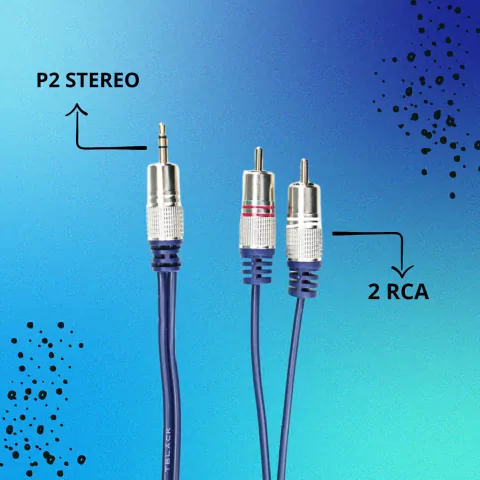 Cabo P2 Stereo + 2rca Metal Prof - Cabo Azul - 2m - TEBERA