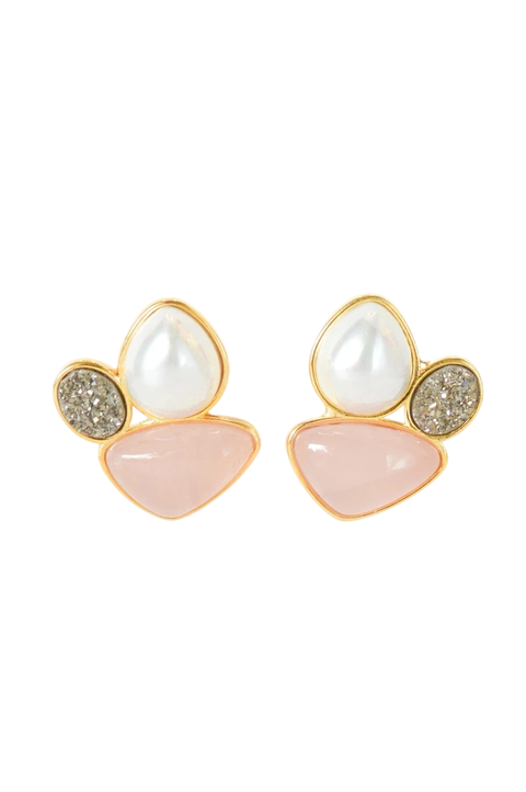 Brinco Prospera (Quartzo Rosa, Pirita, Pérola) Banho Ouro - comprar online