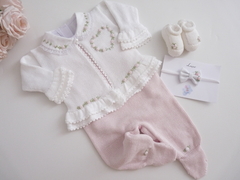 Conjunto Casquinho Coracao Branco/Rosa