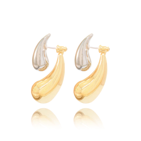 Brinco Bijuteria Hailey Gota Duplo Duo Dourado E Prateado