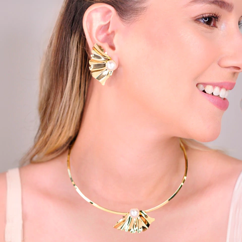 Conjunto Semijoia Lira Leque Pérola Dourado - comprar online